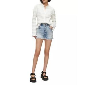 All Saints Meg Smocked Shirt White Button Down Basic Striped Texture US 8 EUC